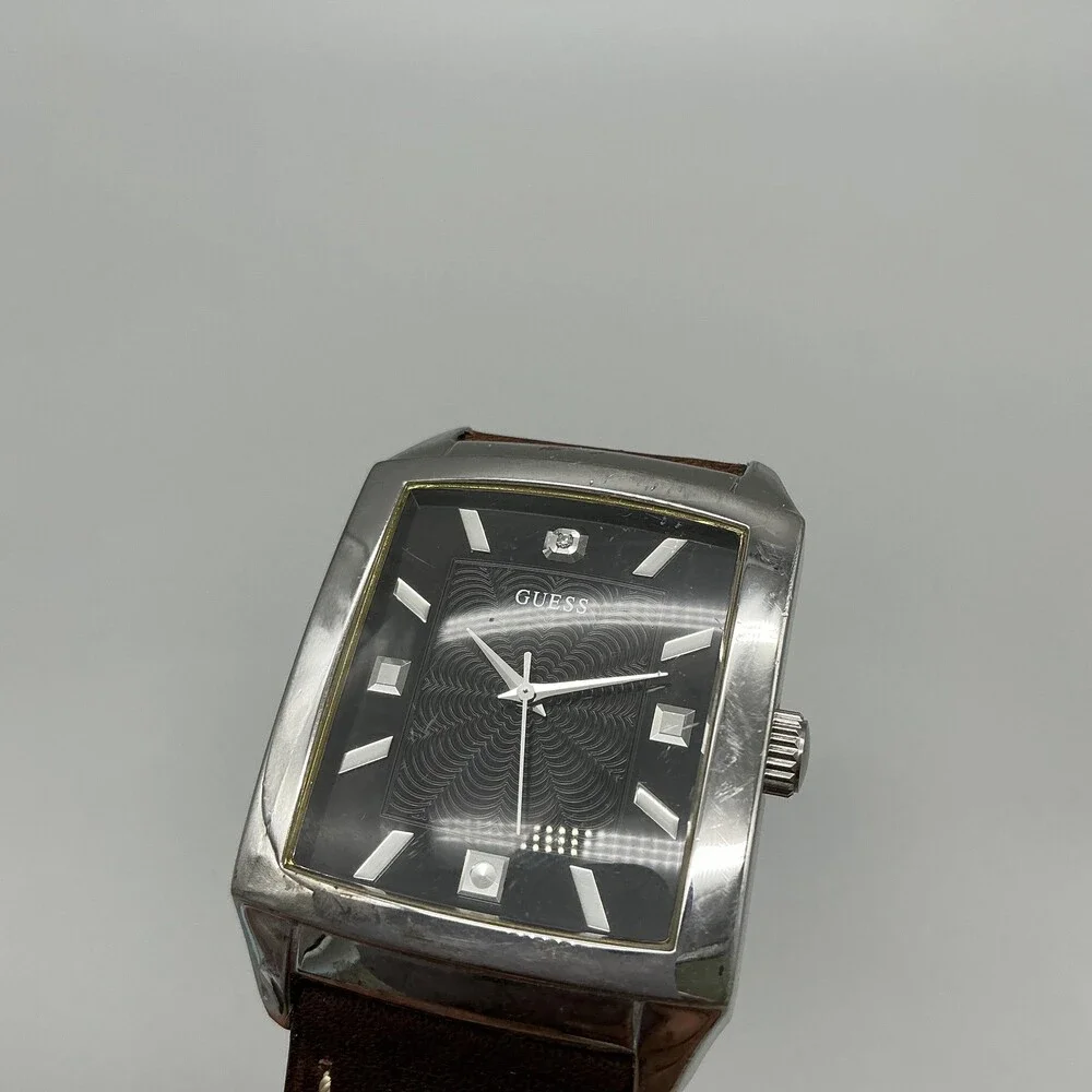 Guess Mens Watch 35mm Black Dial Brown Leather Rectangle Dress New Battery